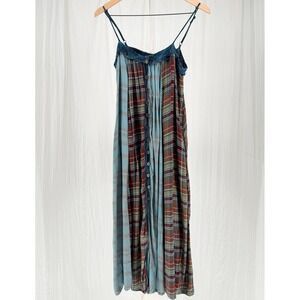 Free People Riley Plaid Button Front Midi Dress Blue Combo Small